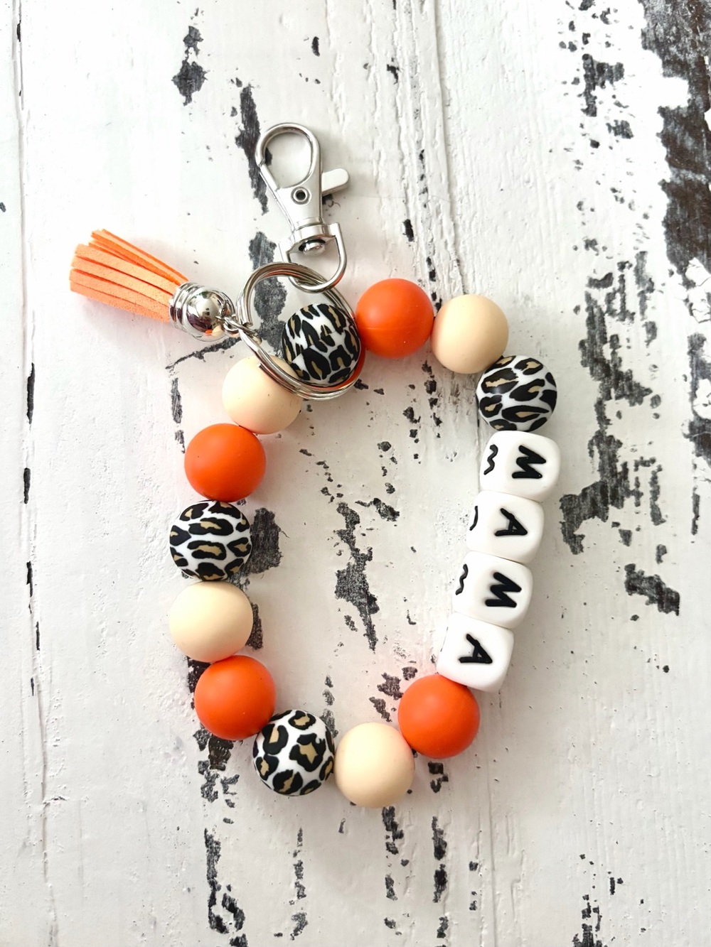 Mama Beaded Keychain Wristlet - Orange, Cream & Leopard